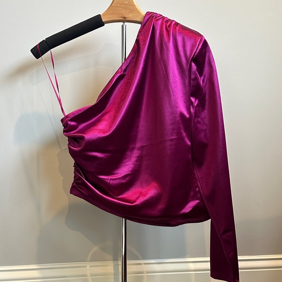 Express Tops - Express Fuchsia Satin One Shoulder Top